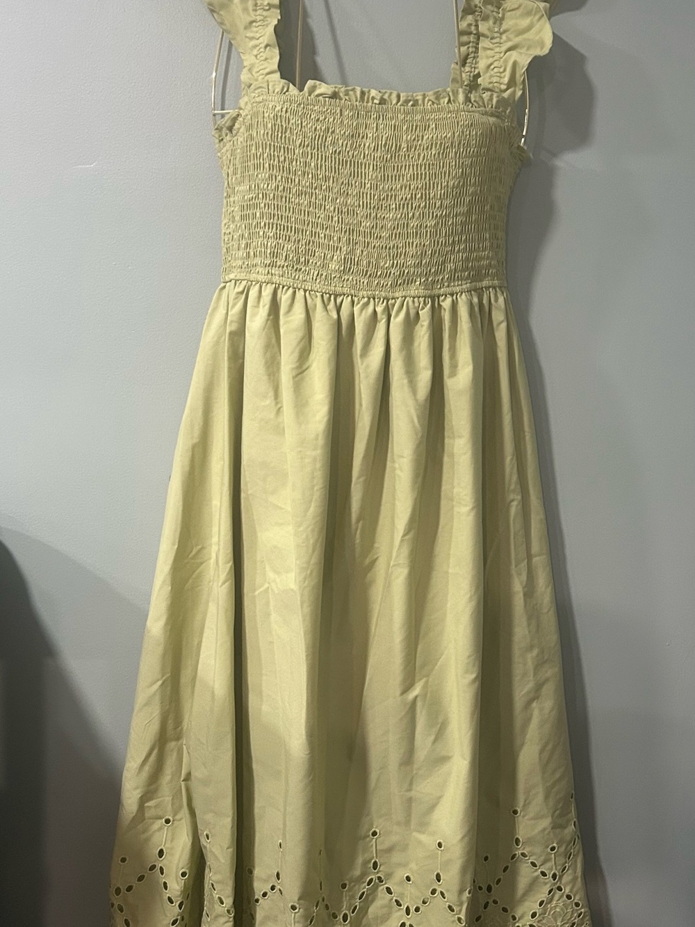 Blu Pepper Pale Yellow Smocked Maxi Dress with Eyelet Hem